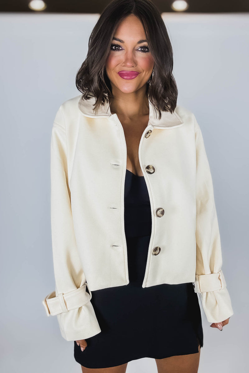 Cream Brush Double Buttoned Belted Cuff Shacket