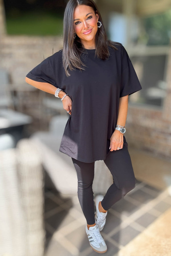 Black Cotton Round Neck Top & Legging Set