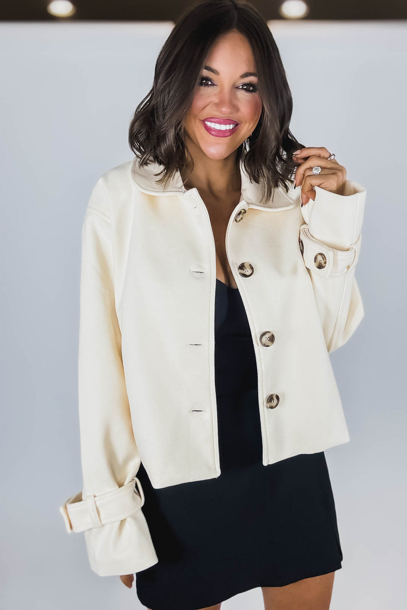 Cream Brush Double Buttoned Belted Cuff Shacket