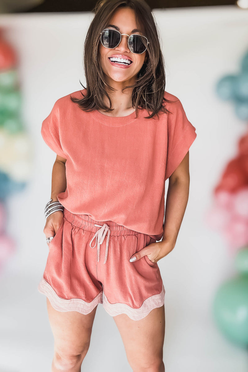 Colorblocked Shorts with Scalloped Hemline