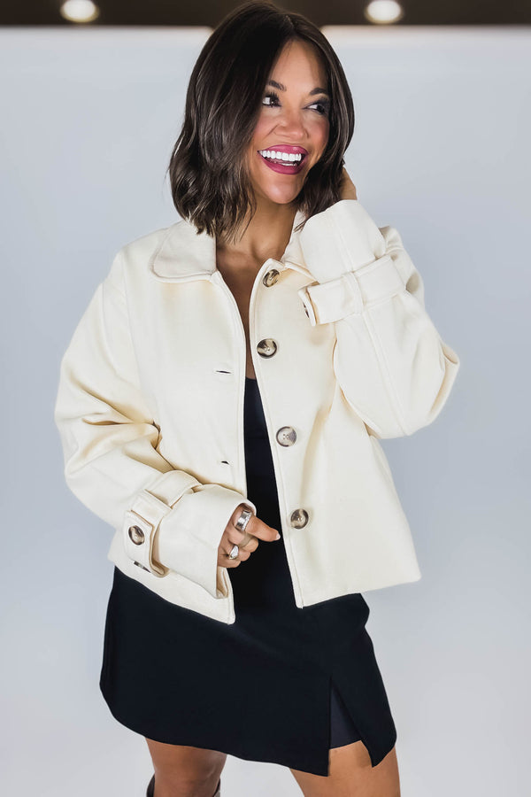 Cream Brush Double Buttoned Belted Cuff Shacket