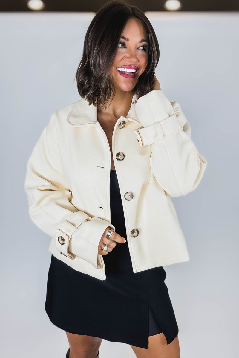 Cream Brush Double Buttoned Belted Cuff Shacket