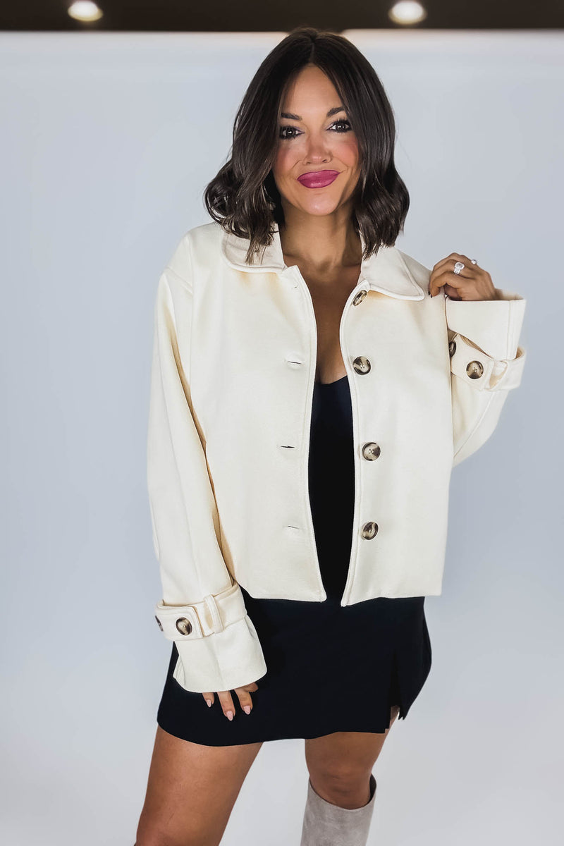 Cream Brush Double Buttoned Belted Cuff Shacket