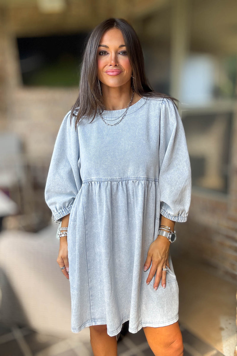 Denim 3/4 Sleeves Wash Twill Babydoll Mini Dress