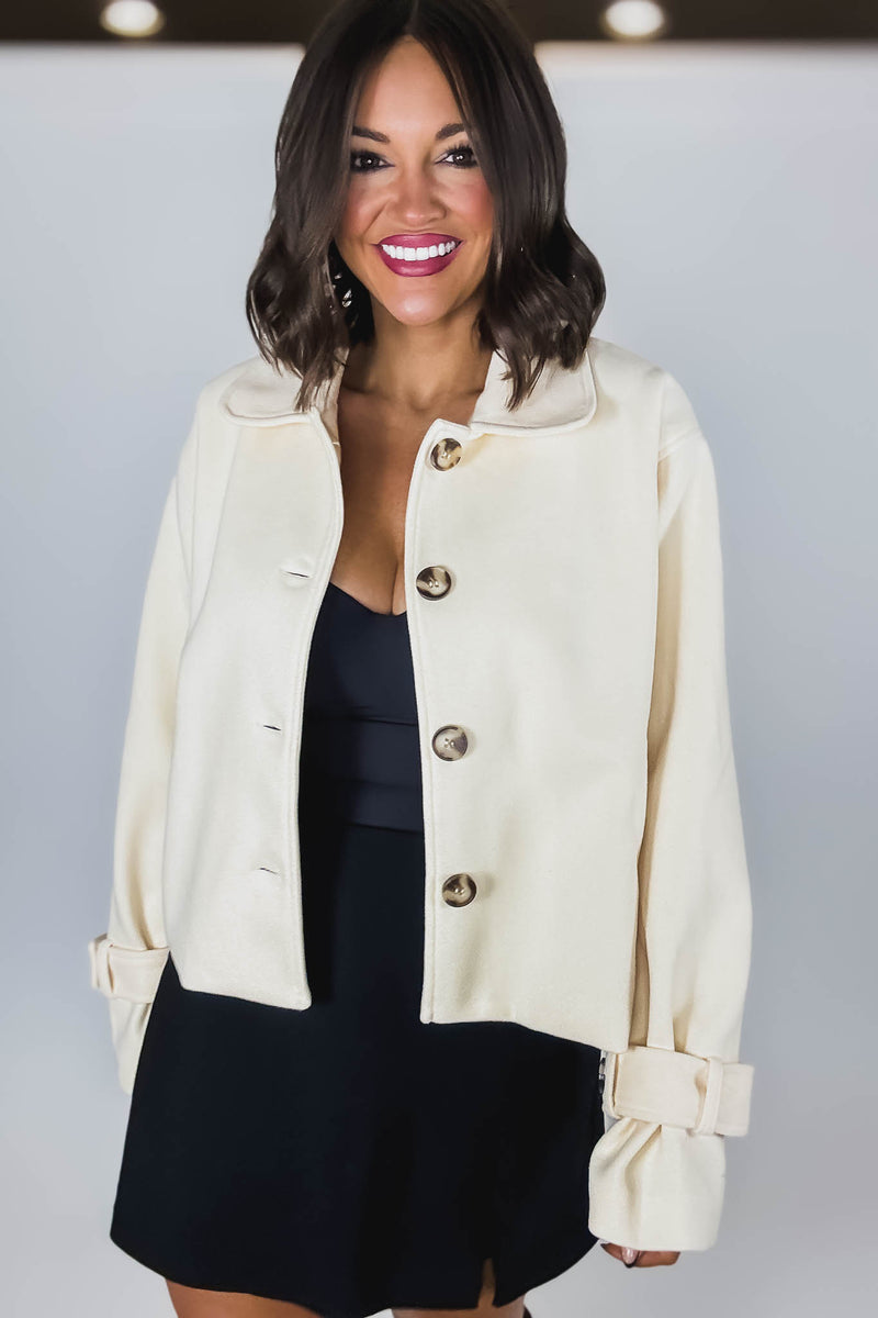 Cream Brush Double Buttoned Belted Cuff Shacket