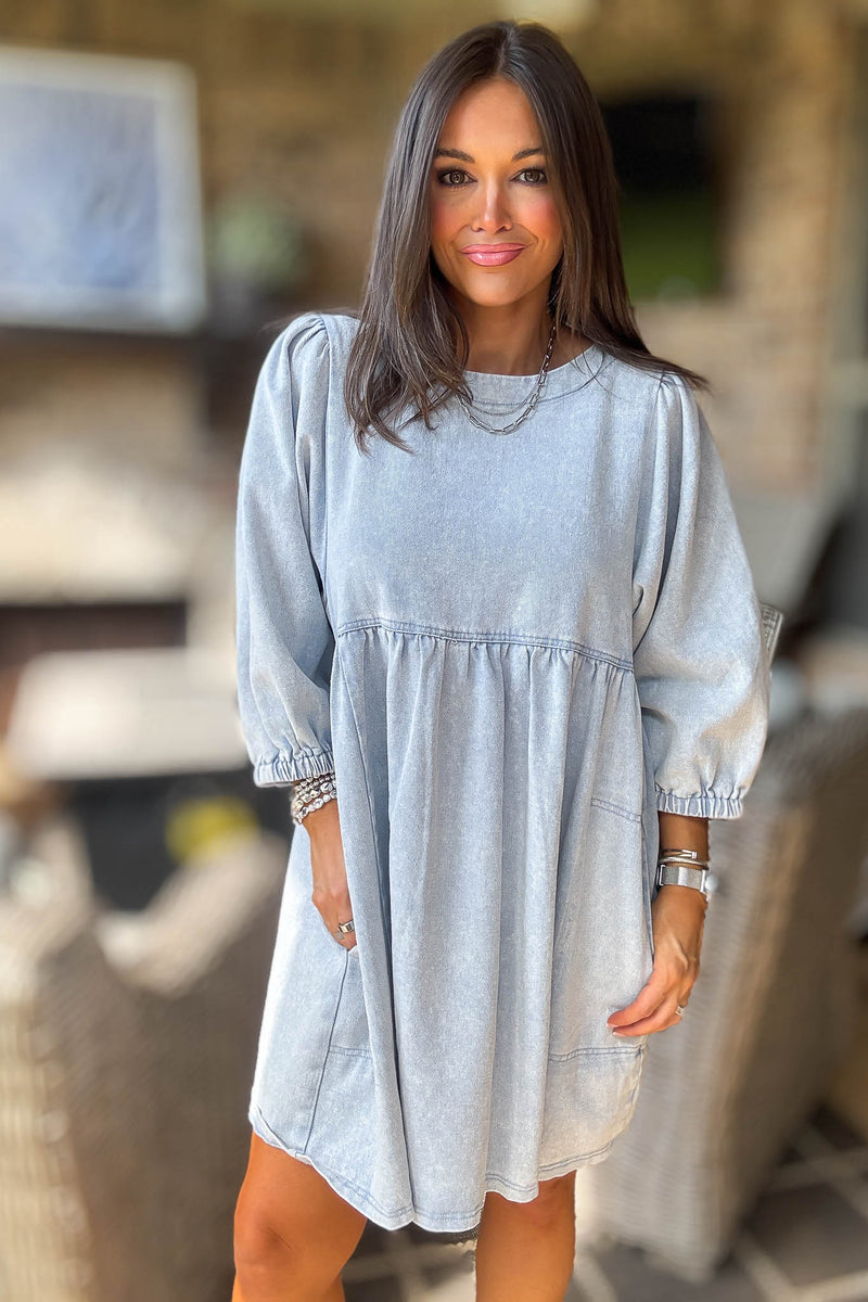 Denim 3/4 Sleeves Wash Twill Babydoll Mini Dress