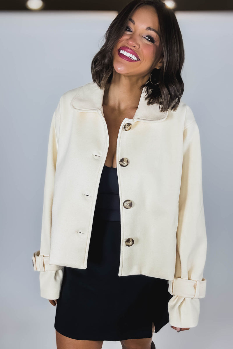 Cream Brush Double Buttoned Belted Cuff Shacket
