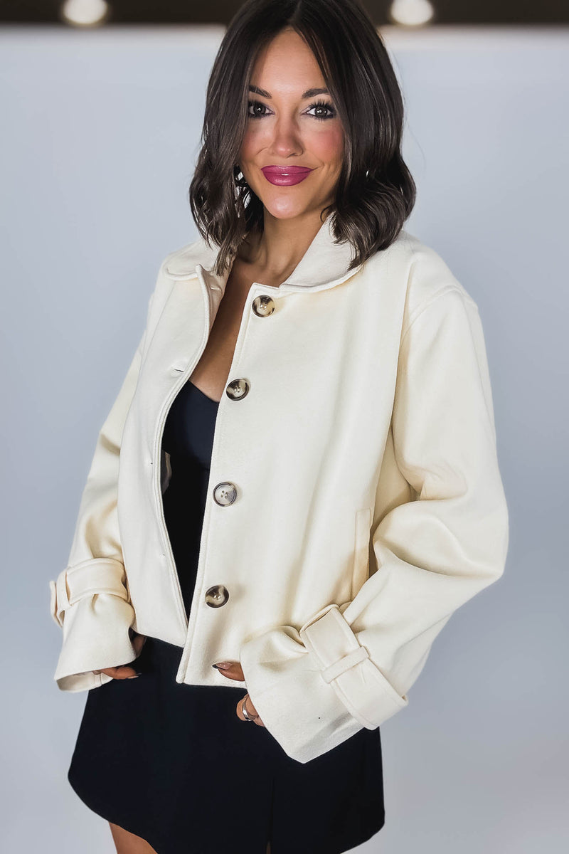 Cream Brush Double Buttoned Belted Cuff Shacket