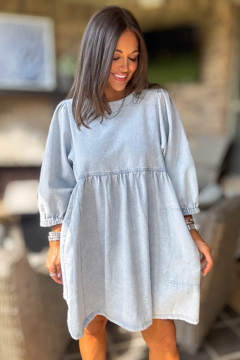 Denim 3/4 Sleeves Wash Twill Babydoll Mini Dress
