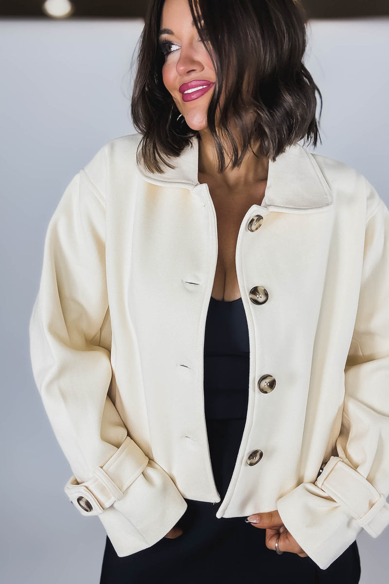 Cream Brush Double Buttoned Belted Cuff Shacket