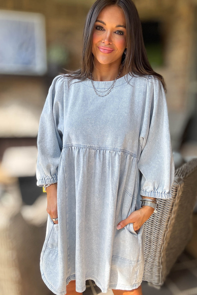 Denim 3/4 Sleeves Wash Twill Babydoll Mini Dress