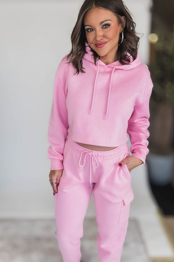 Cropped Pink Fleece Hoodie Sweatshirt