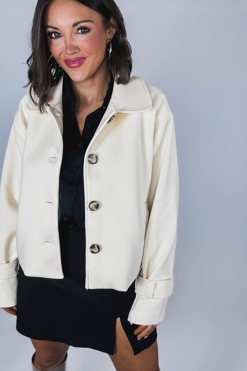 Cream Brush Double Buttoned Belted Cuff Shacket