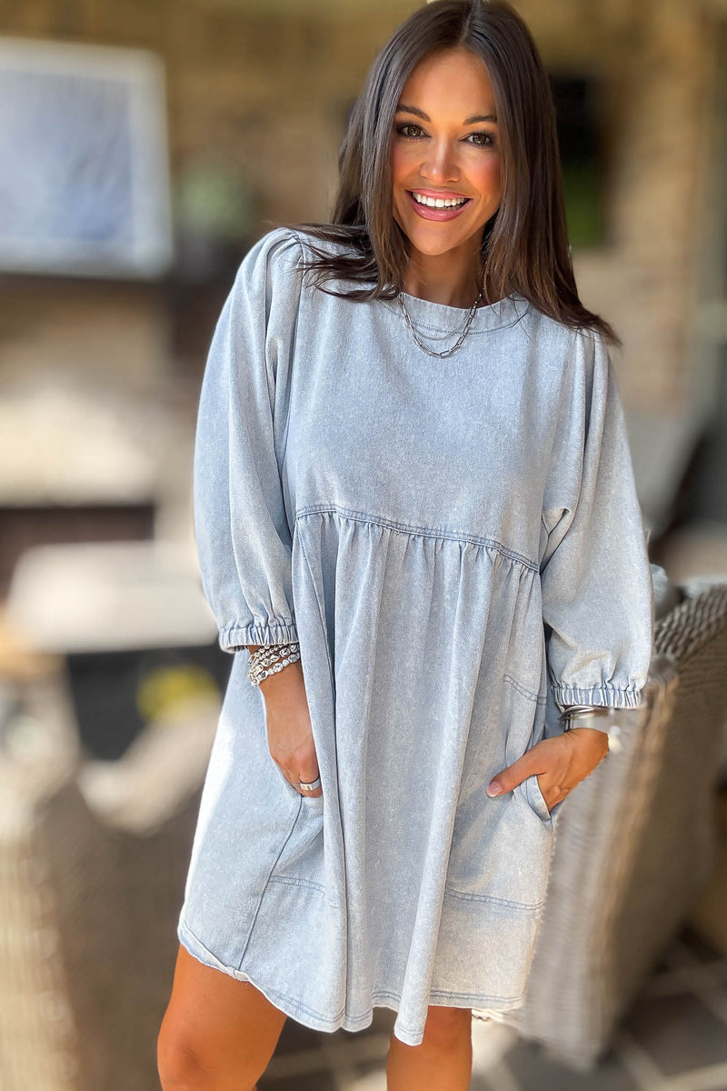 Denim 3/4 Sleeves Wash Twill Babydoll Mini Dress
