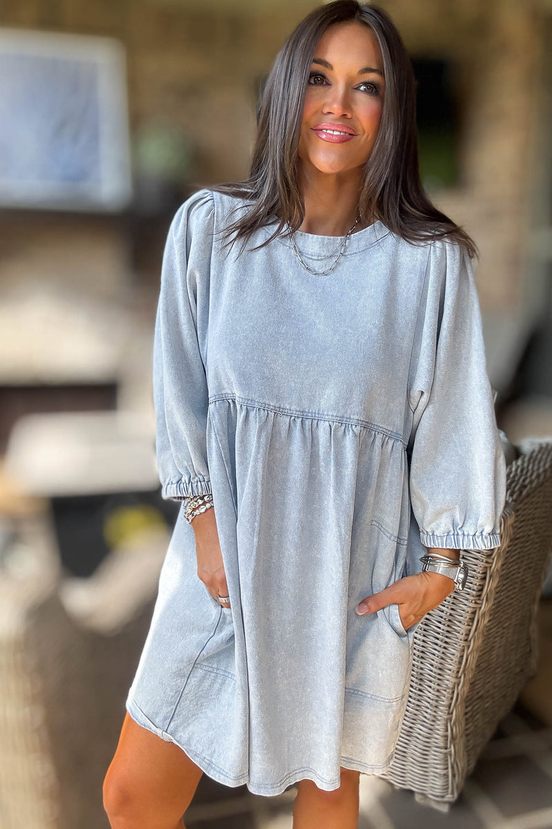 Denim 3/4 Sleeves Wash Twill Babydoll Mini Dress