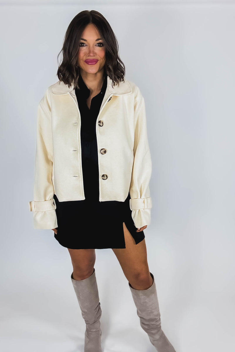 Cream Brush Double Buttoned Belted Cuff Shacket