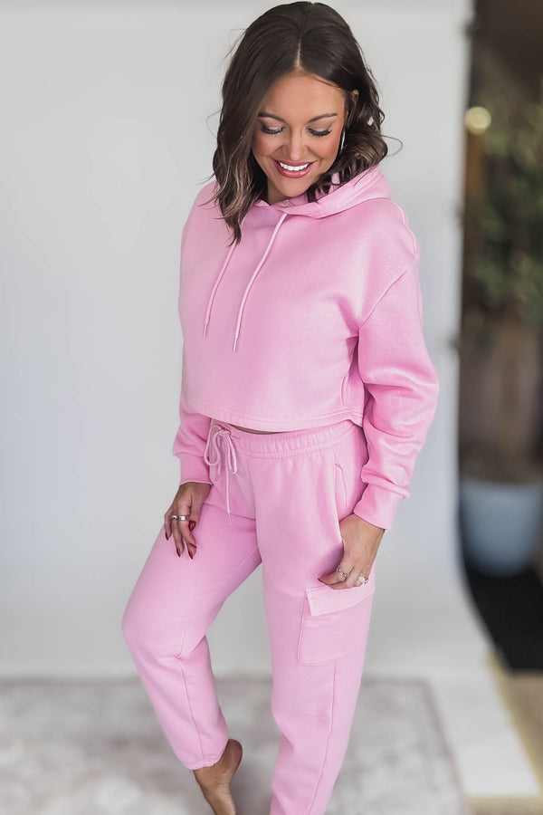Relaxed Pink Fleece Cargo Jogger Sweatpants