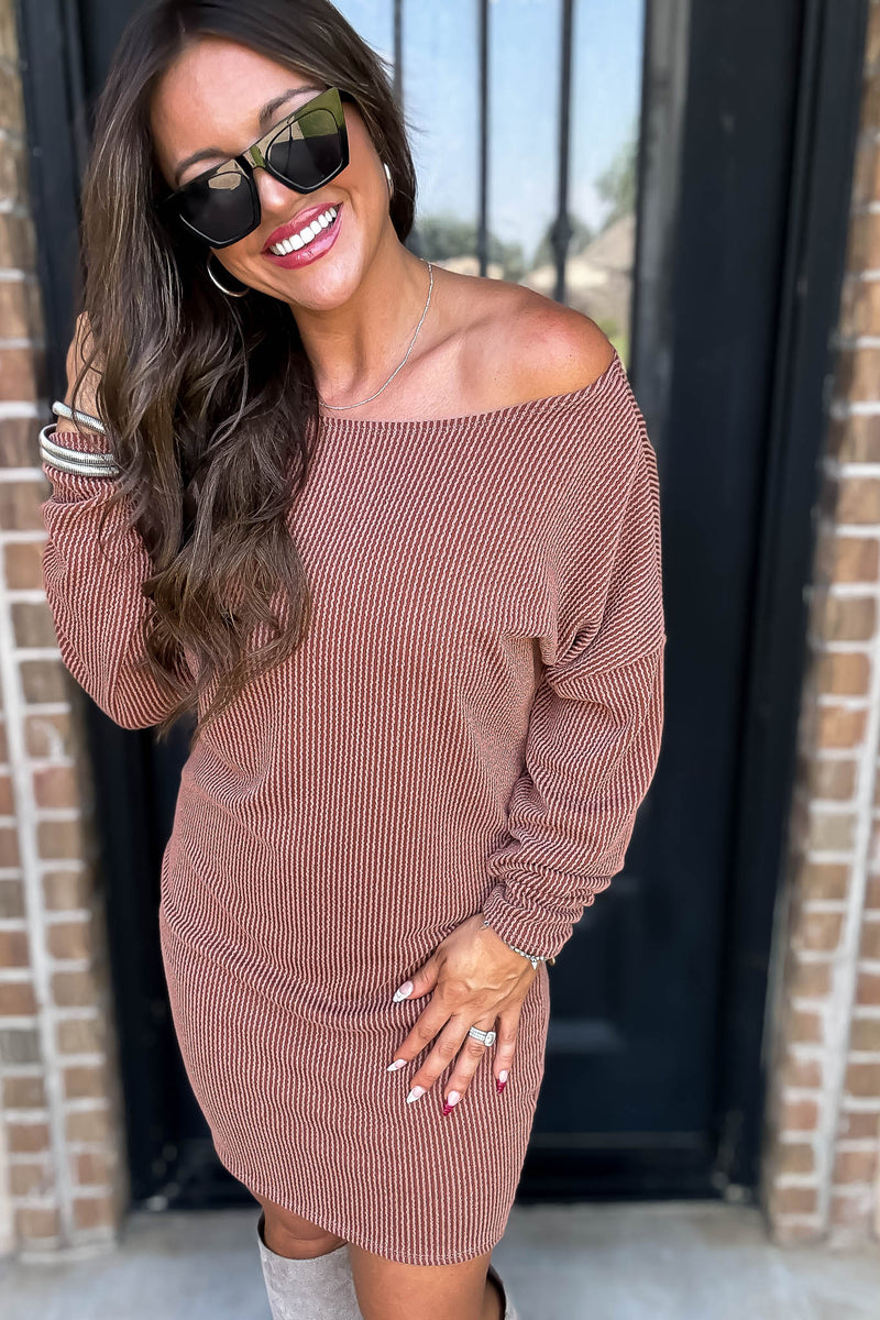 Off The Shoulder Terra Cotta Ribbed Dress