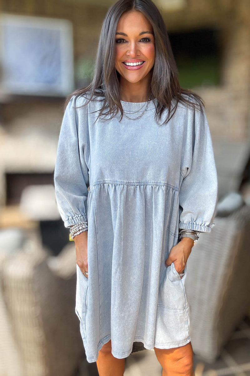 Denim 3/4 Sleeves Wash Twill Babydoll Mini Dress