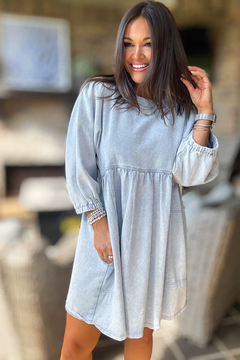 Denim 3/4 Sleeves Wash Twill Babydoll Mini Dress