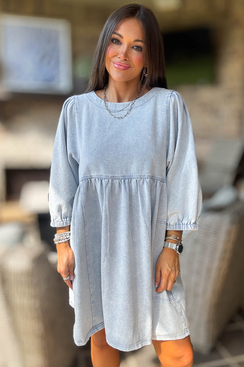Denim 3/4 Sleeves Wash Twill Babydoll Mini Dress