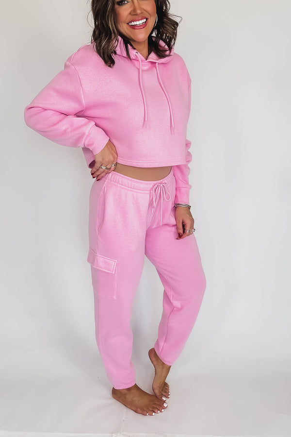 Relaxed Pink Fleece Cargo Jogger Sweatpants