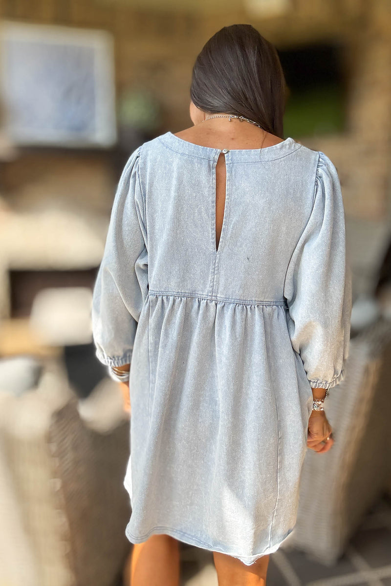 Denim 3/4 Sleeves Wash Twill Babydoll Mini Dress