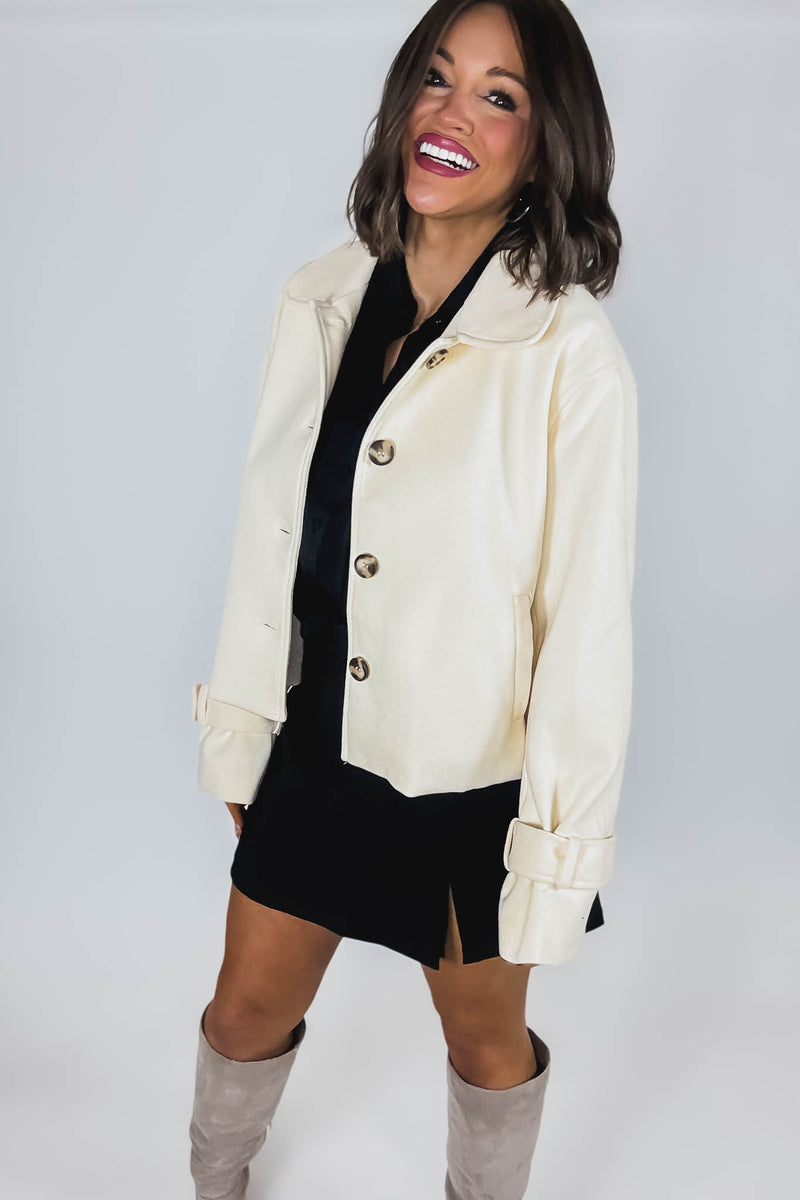 Cream Brush Double Buttoned Belted Cuff Shacket