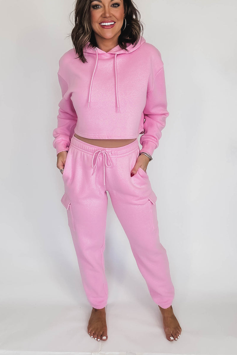 Relaxed Pink Fleece Cargo Jogger Sweatpants