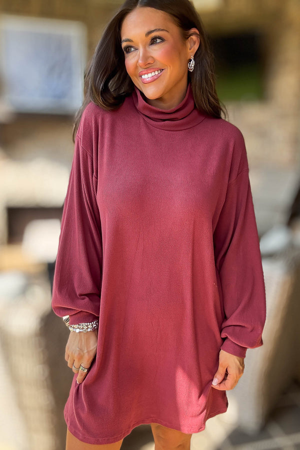Red Bean Brushed Knit Turtleneck Mini Dress