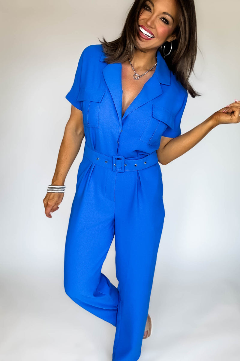 Turquoise Blue Solid Belted Pocket Front Button Closure Jumpsuit