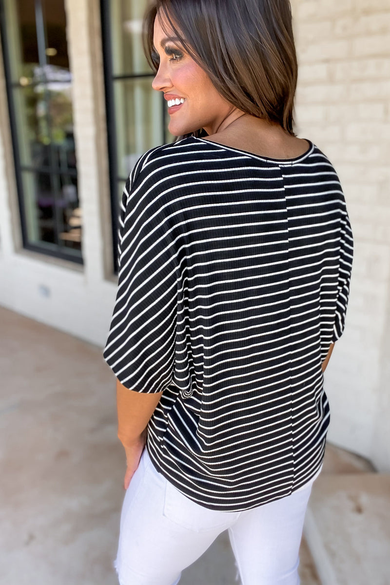 Day To Day Black Short Sleeves Striped Rib Knit Top