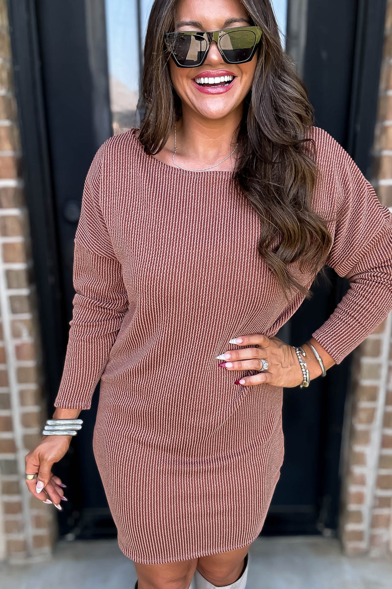 Off The Shoulder Terra Cotta Ribbed Dress