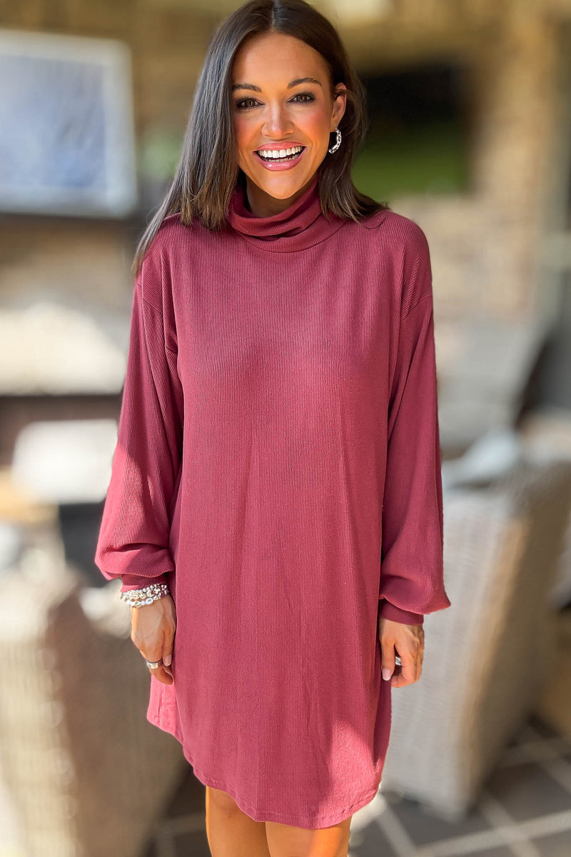 Red Bean Brushed Knit Turtleneck Mini Dress