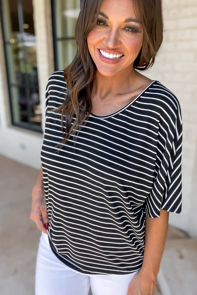 Day To Day Black Short Sleeves Striped Rib Knit Top