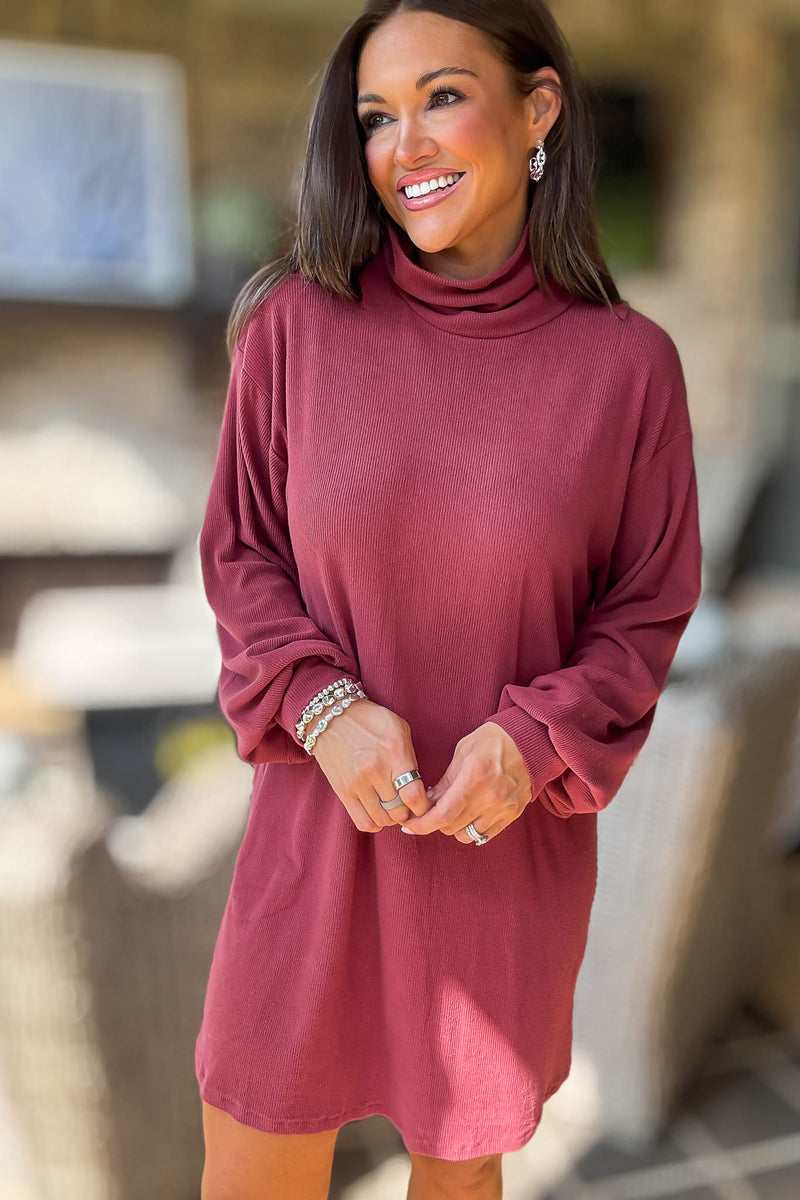 Red Bean Brushed Knit Turtleneck Mini Dress