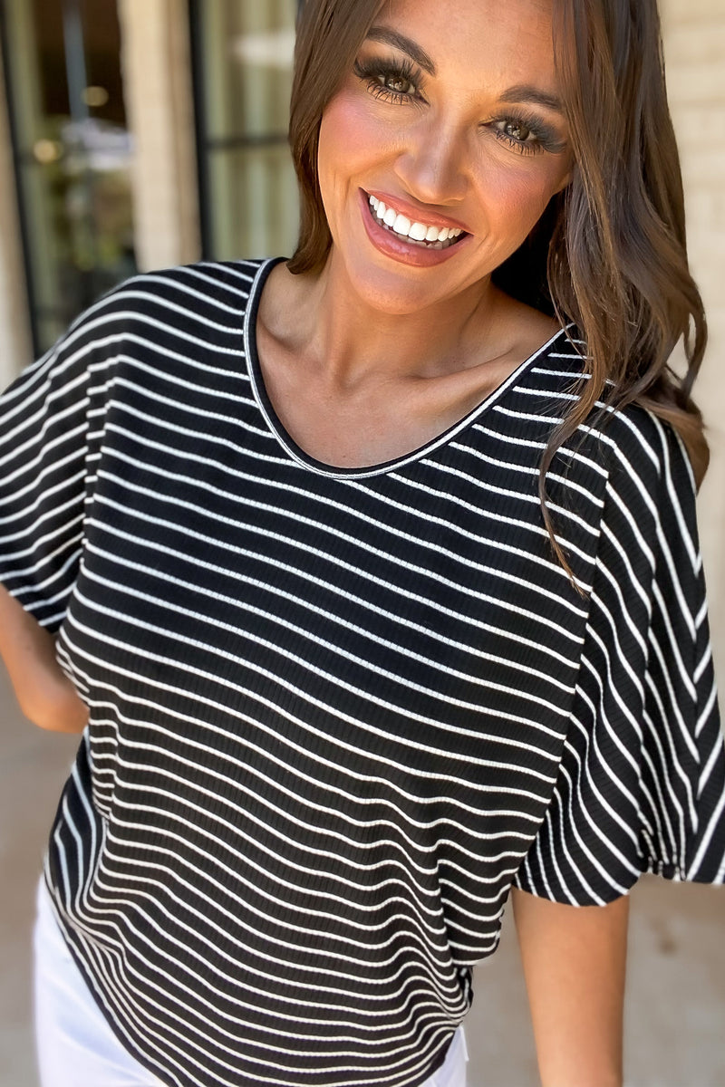 Day To Day Black Short Sleeves Striped Rib Knit Top