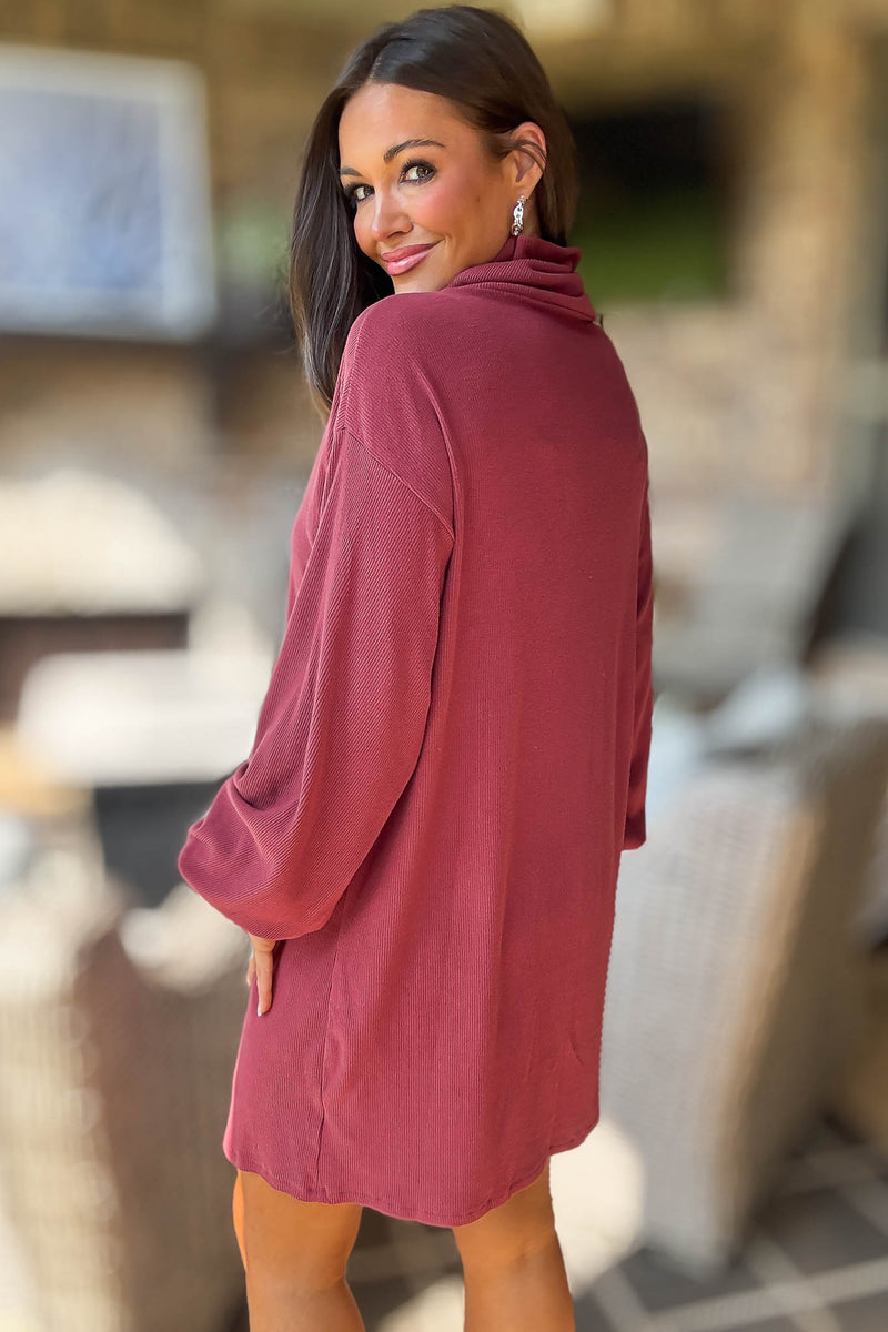Red Bean Brushed Knit Turtleneck Mini Dress