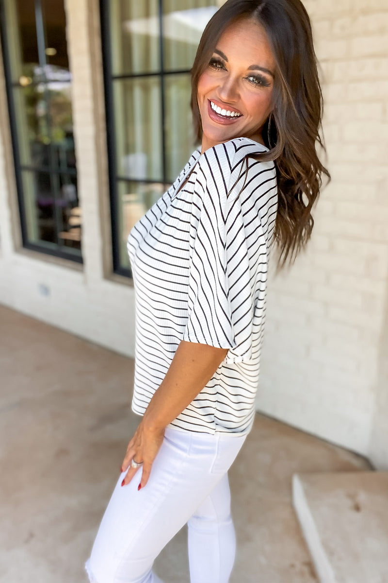 Day To Day White Short Sleeves Striped Rib Knit Top