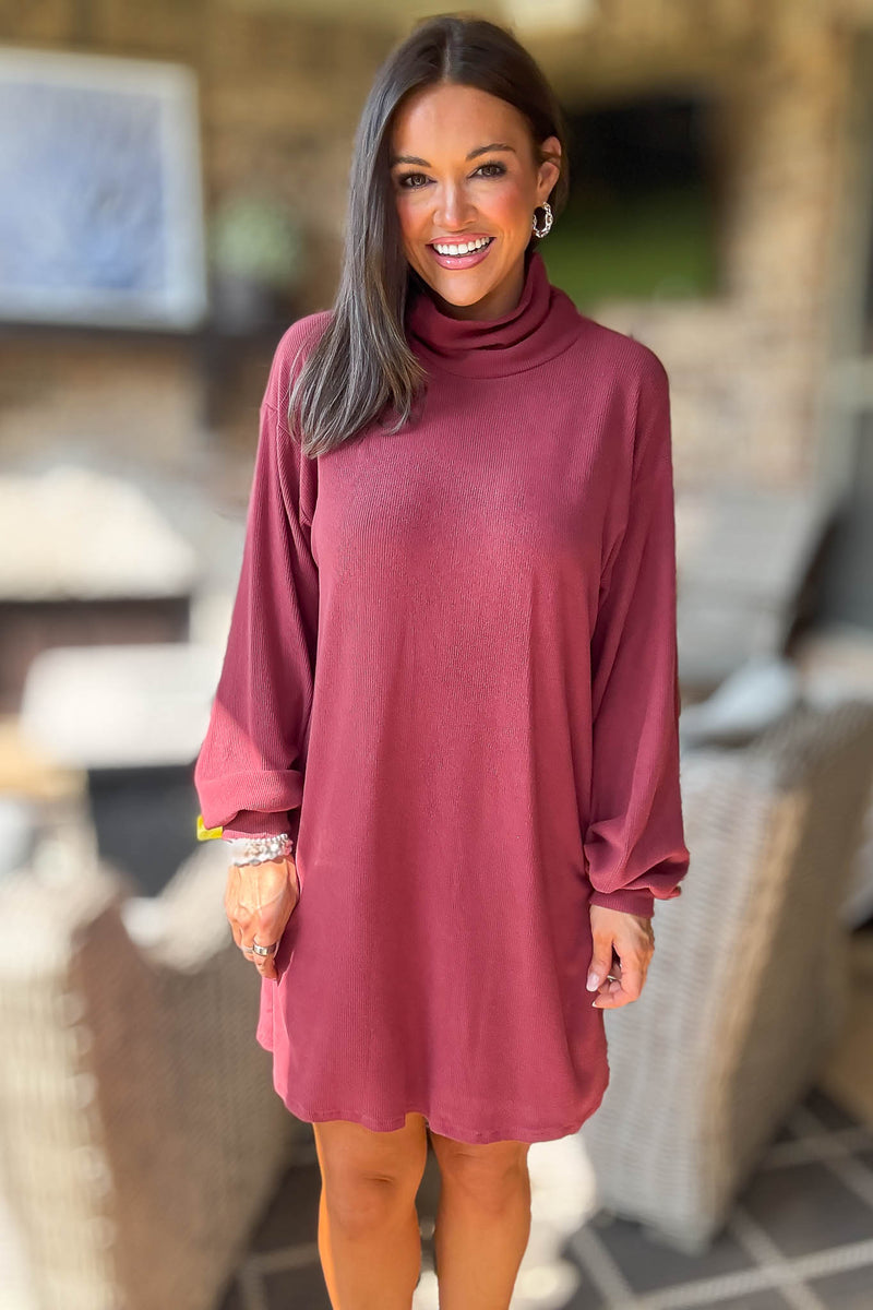Red Bean Brushed Knit Turtleneck Mini Dress