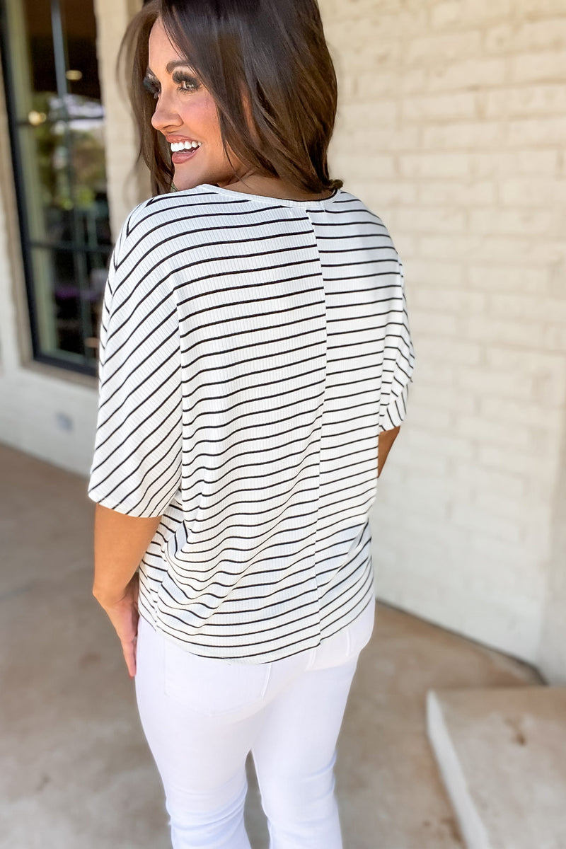 Day To Day White Short Sleeves Striped Rib Knit Top