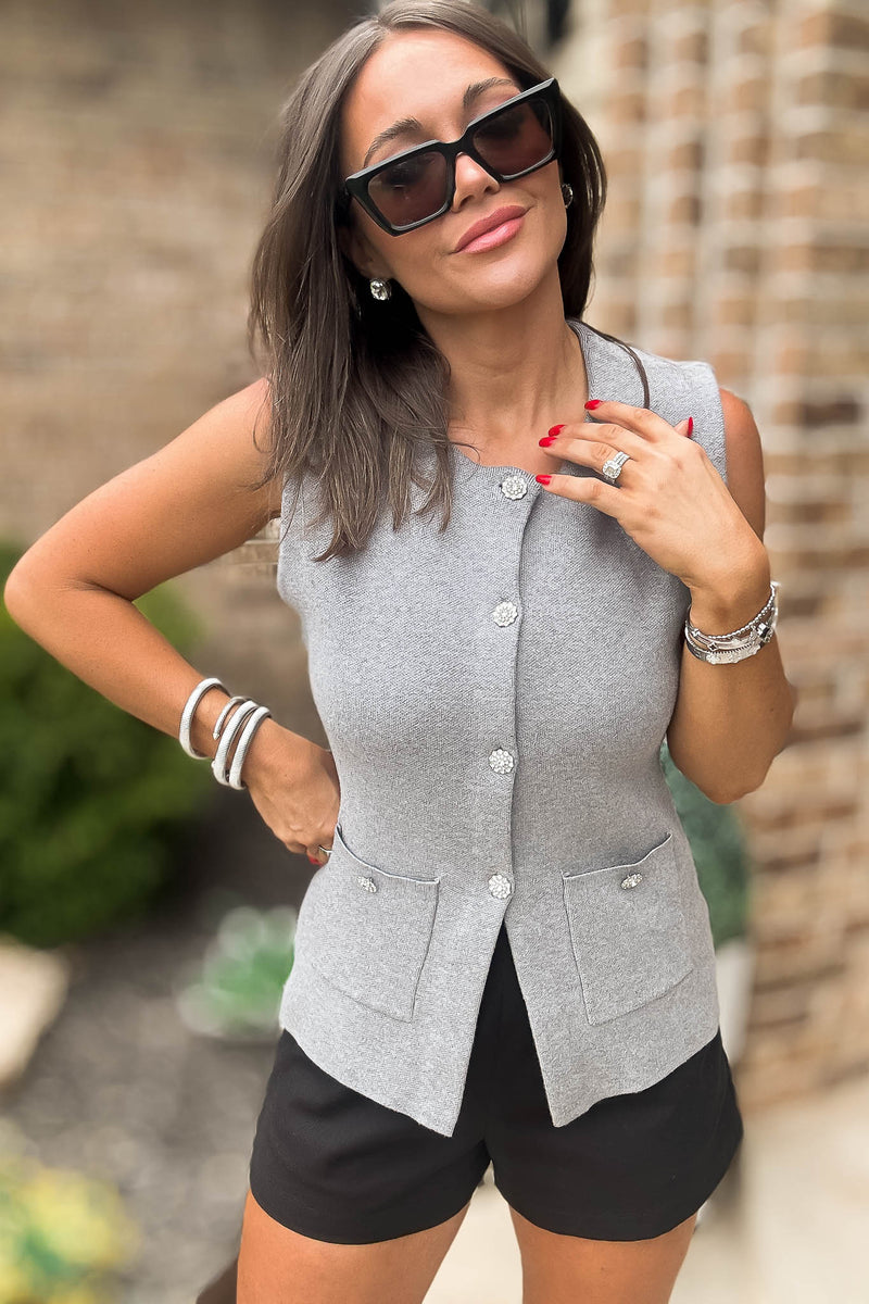 Charcoal Elegant Crystal Button Down Sweater Vest