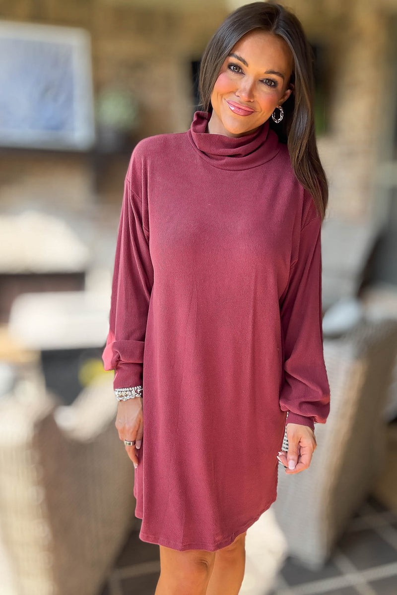 Red Bean Brushed Knit Turtleneck Mini Dress