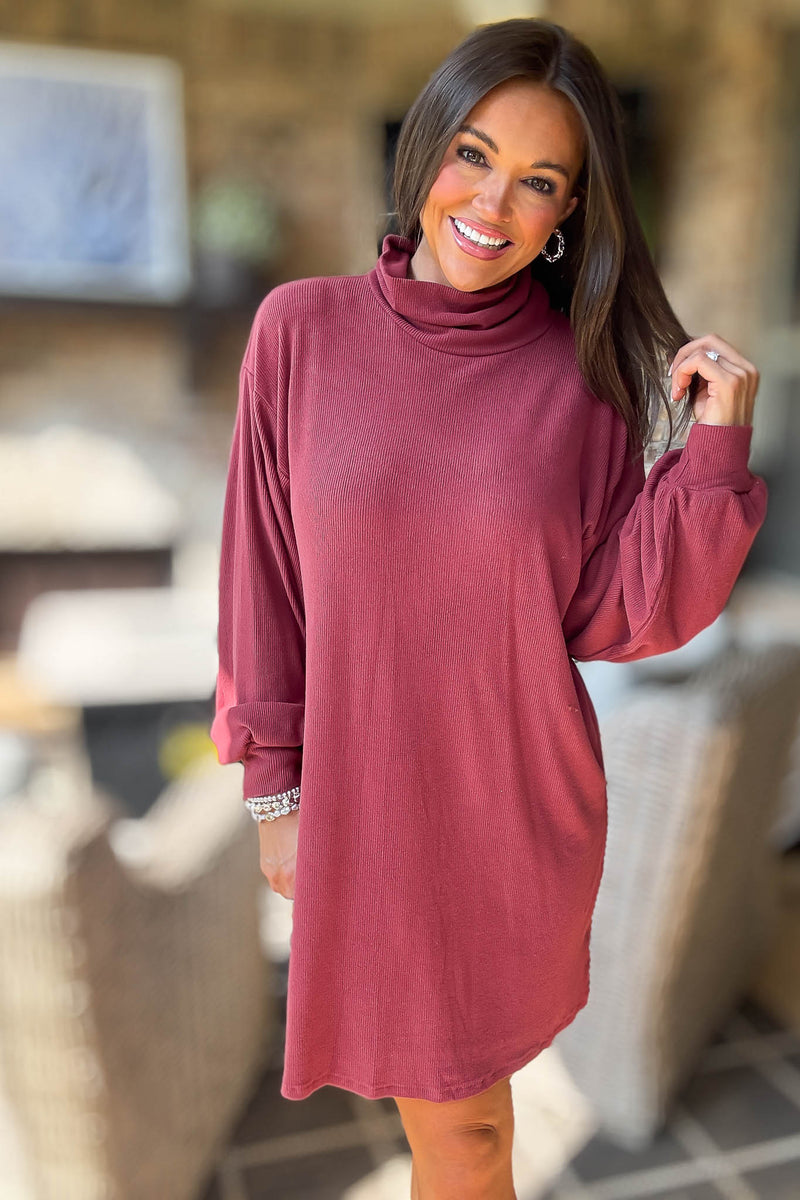 Red Bean Brushed Knit Turtleneck Mini Dress