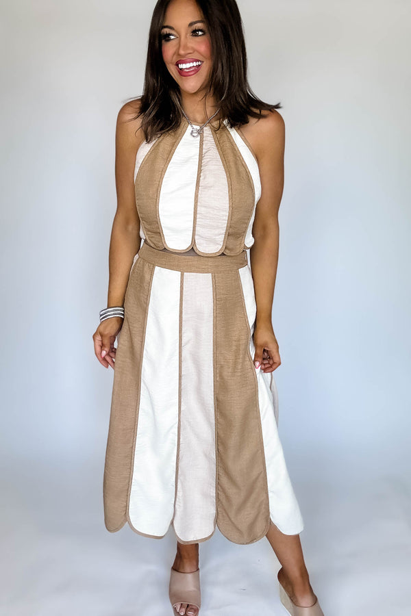 Natural Color Block Halter Neck Top with Midi Skirt Set