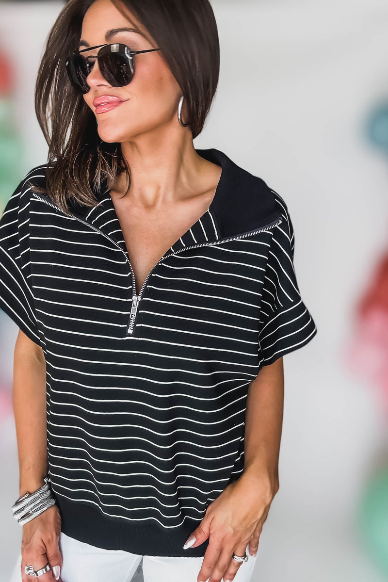 Black Striped Half Zip Sweatshirt
