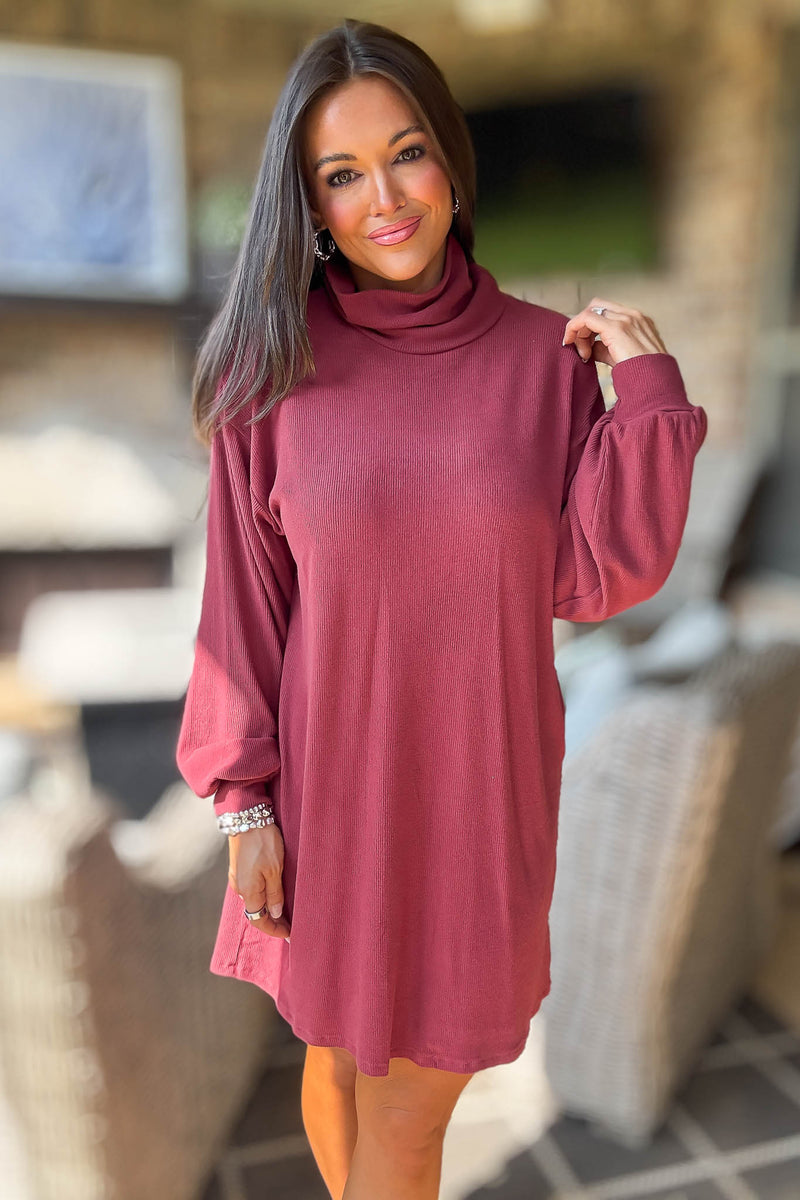 Red Bean Brushed Knit Turtleneck Mini Dress