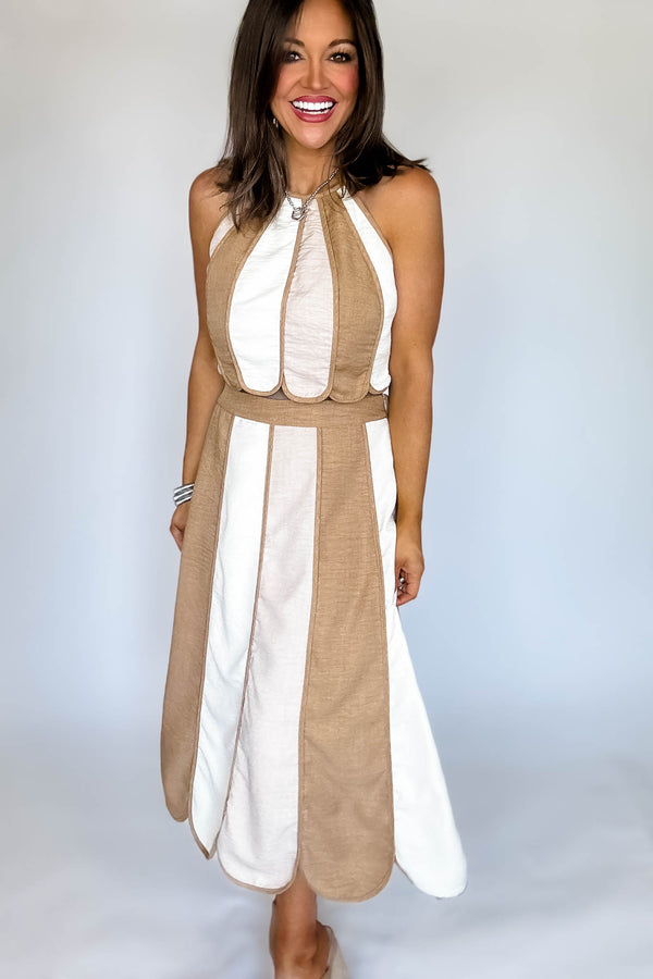 Natural Color Block Halter Neck Top with Midi Skirt Set