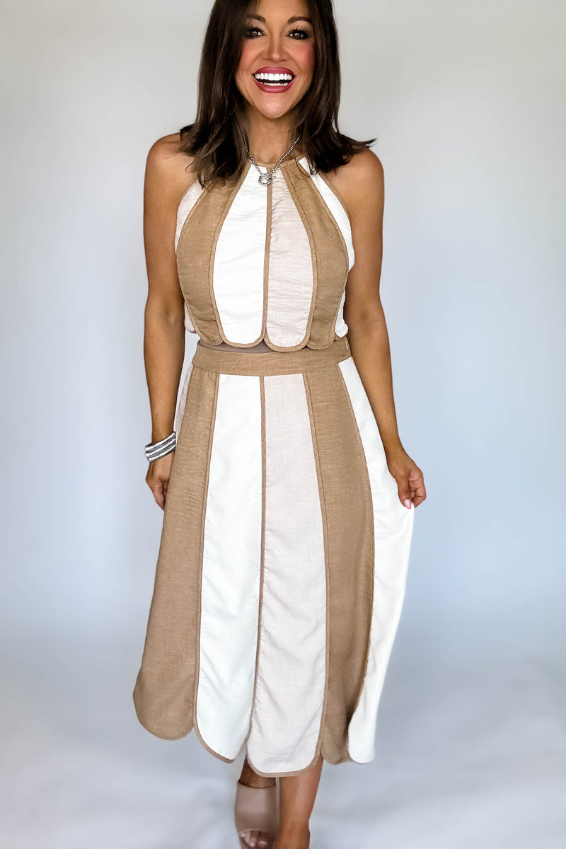 Natural Color Block Halter Neck Top with Midi Skirt Set