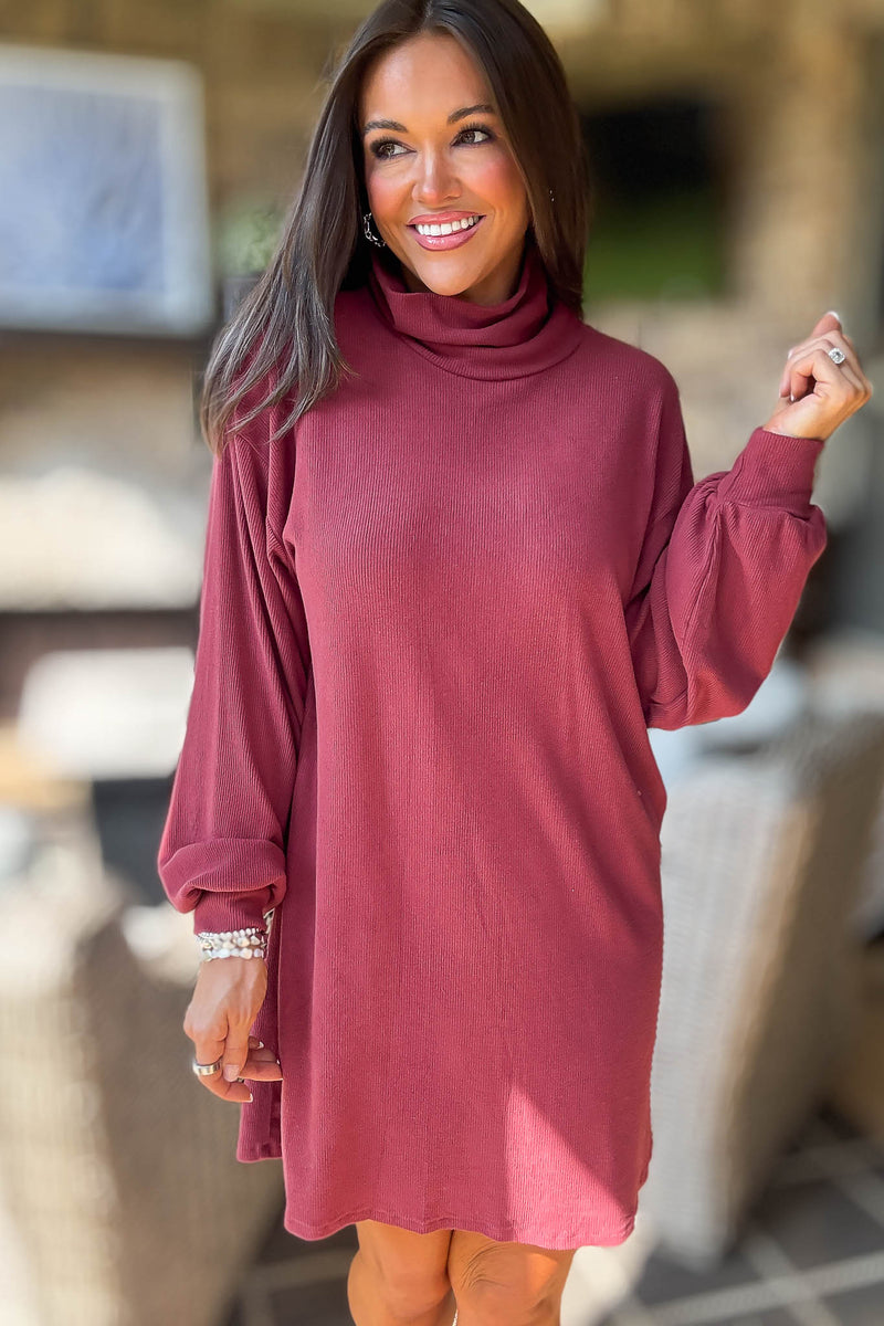 Red Bean Brushed Knit Turtleneck Mini Dress